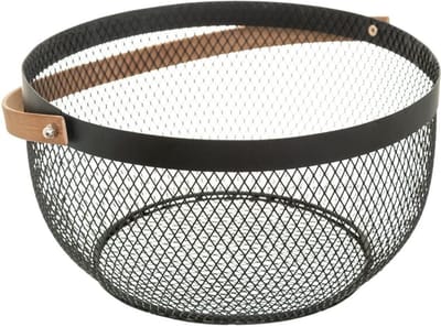 Secret de Gourmet Fruitschaal - zwart - metaal - 29 cm - met handvat - rond - fruitmanden - Draadmand
