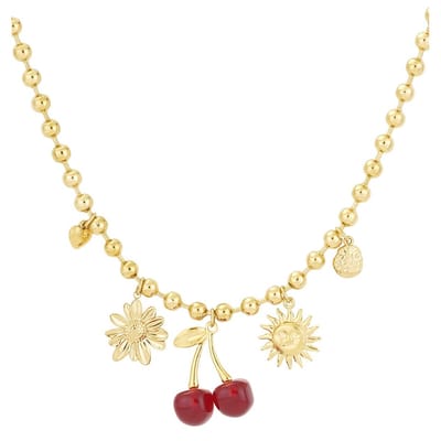Boho Bedel Ketting met Kersen, Zon & Bloem – Goudkleurige Dames Ketting met Bedels – Stainless Steel – Verstelbaar