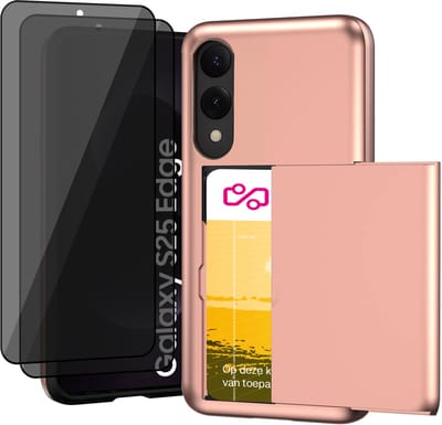Hoesje met Pasjeshouder geschikt voor Samsung Galaxy S25 Edge - 2x Privacy Screen Protector FullGuard - Back Cover SlideCase Roségoud & Screenprotector