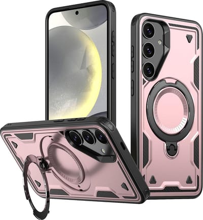 Magsafe Hoesje Geschikt voor Samsung Galaxy S25 Hoesje Rose Goud - Armor Hoesje met Met Draaibare Ring Houder