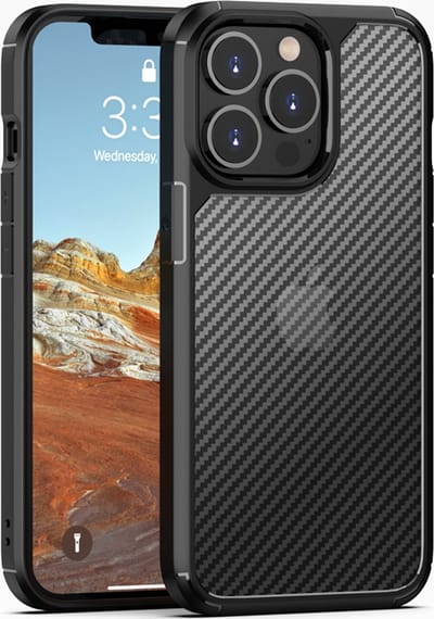 geschikt voor iPhone 13 Pro Max Hoesje met Carbon Look - Shockproof Valbescherming - Schokbestendige case geschikt voor iPhone 13 Pro Max - Tough Carbon Grid geschikt voor iPhone 13 Pro Max Hoesje zwart