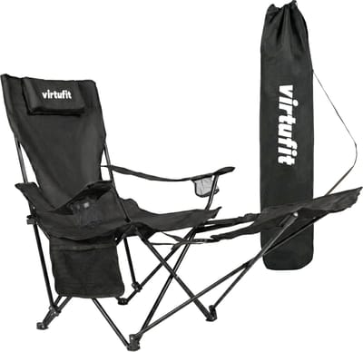 VirtuFit Opvouwbare Camping Stoel met Voetsteun - Strandstoel - Zwart - Inclusief Draagtas, Bekerhouder en Opbergvak