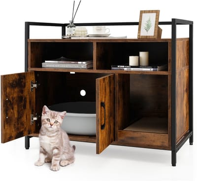 COSTWAY Kattenkast, kattenbak met dubbele deuren en krab-onderlegger, kattenhuis met open plank en 2 vakken, kattenmand, kattenbak, kast, voor katten, honden, huisdieren (bruin)