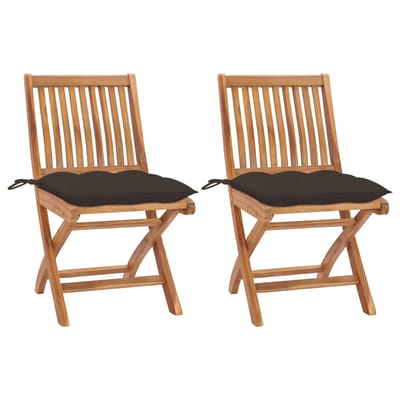 vidaXL - Inklapbare - stoelen - 2 - st - met - taupe - kussens - massief - teakhout