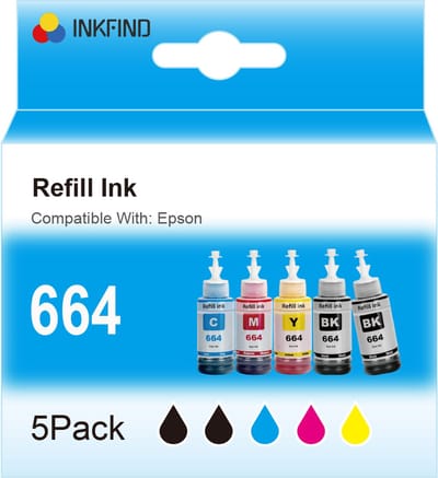 INKFIND 664 inkt geschikt voor Epson664 T664 Epson6641 Epson6642 T6641 T6642 T6643 T6644 4-kleuren multipack-5 PACK (Zwart x 2, Cyaan x 1, Magenta x 1, Geel x 1) voor voor Epson EcoTank ET-2600 ET-2650 ET-2500 ET-2550 ET-4500 ET-14000