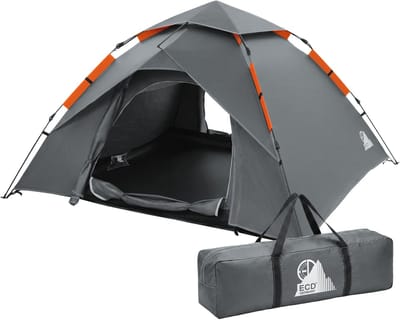 Pop-up tent voor 4 personen, kampeertent outdoor grijs, dubbelwandige koepeltent met 2 deuren, waterdicht & winddicht met draagtas