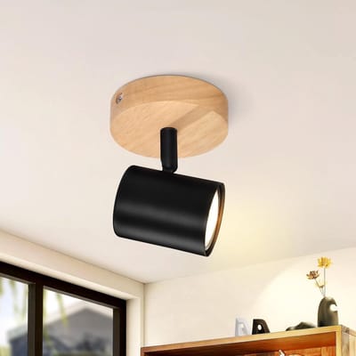 Glitzerlife - Plafondspot Plafondlamp - draaibaar en kantelbaar - Opbouwspot - 1xGU10 fitting - retro plafondspot met hout en metaal - Ø10cm - zwart