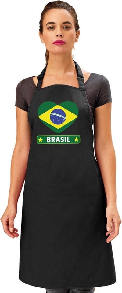 Keukenschort - Barbecueschort - I Love Brazilie vlag - zwart - heren en dames - Landen supporters - Gerechten - Avond