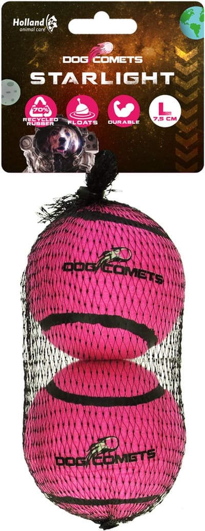 Dog Comets Starlight Tennisbal - Ø 7,5 cm - Hondenbal - Drijvend Hondenspeelgoed - Stuiterend Hondenspeeltje - Roze - 2 stuks