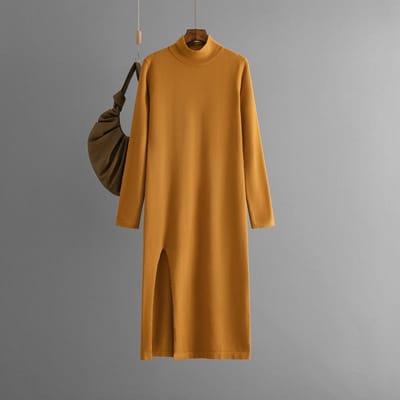 Gebreide jurk met halve hoge hals voor dames, effen kleur, split, lange mouwen, basis, lange broek, wollen jurk One Size