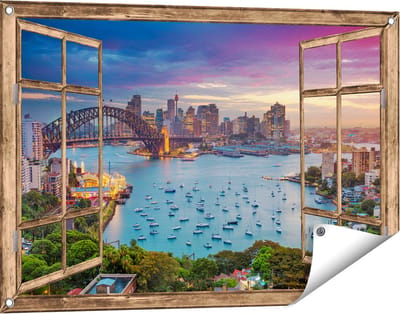 Gards Tuinposter Doorkijk Sydney Harbour Bridge in de Avond - 90x60 cm - Tuindoek - Tuindecoratie - Wanddecoratie buiten - Tuinschilderij
