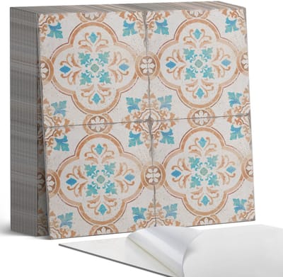 Coloray Plaktegels - Decoratief motief met bloemen Zelfklevende Tegels - 20 cm x 20 cm - Turkoois Plaktegels - 20 stuks - Vierkant PVC Tegels - Plaktegels Badkamer - Plaktegels Vloer - Vinyl Tegels Zelfklevend - Wandtegel Zelfklevend
