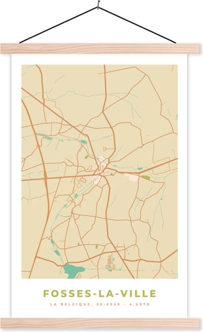 Posterhanger incl. Poster 40x60 cm - Schoolplaat - Fosses-La-Ville - Stadskaart - Vintage - Plattegrond - Kaart - Textielposter - Blanke latten - Stadskaart