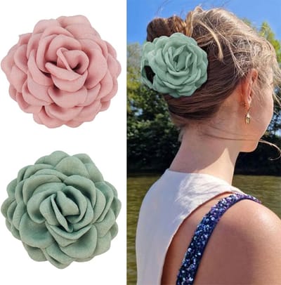 2 Stuks Grote Rozen Haarclips voor Vrouwen, Bloem Haaraccessoires in Warm Roze en Saliegroen, Perfect voor Feestjes en Dagelijks Gebruik