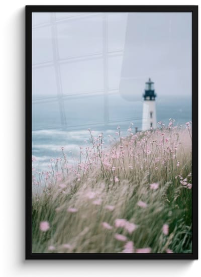 Poster in lijst - Fotolijst 60x90 cm - Posters - Vuurtoren - Klif - Zee - Bloemen - Posterlijst zwart - Decoratie - Wanddecoratie woonkamer - Muurdecoratie slaapkamer