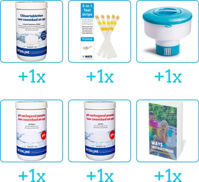 Zwembad Onderhoudspakket - Onderhoud Zwembad - bevat Chloor - Testrips - Chloordrijver - PH-min - PH-plus en Zwembadgids (6-delig)