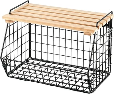 Draadmand met Deksel - Opbergmand Stapelbaar - Keuken Organiseren - Wandmontage Optie - 30x22x16cm - Zwart