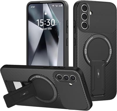 Casemania Hoesje Geschikt voor Samsung Galaxy A17 - Carbon Patroon in Zwart - Magnetische Telefoonhoesje Geschikt voor MagSafe - Stevige Siliconen Back Cover met Kickstand Standaard en Camera Bescherming