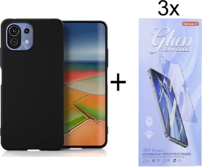 Hoesje Geschikt voor: Xiaomi 11 Lite 4G / 5G Silicone - Zwart + 3X Tempered Glass Screenprotector - ZT Accessoires