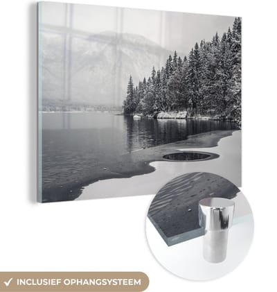MuchoWow® Glasschilderij 40x30 cm - Schilderij acrylglas - Water - Winter - Natuur - Dennenboom - Foto op glas - Schilderijen