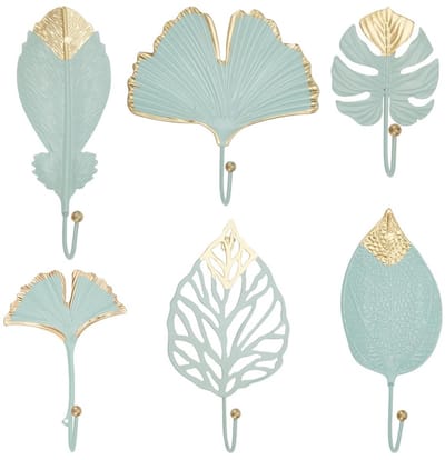 Dailygoods- Wandhaken Decoratief - 6 Stuks - IJzeren Wandhaken - Lichtgroen - Botanische Bladhaken - Geschilderd - Voor Kamerdecoratie - Muurhaken