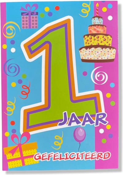 Hoera 1 Jaar! Luxe verjaardagskaart - 12x17cm - Gevouwen Wenskaart inclusief envelop - Leeftijdkaart