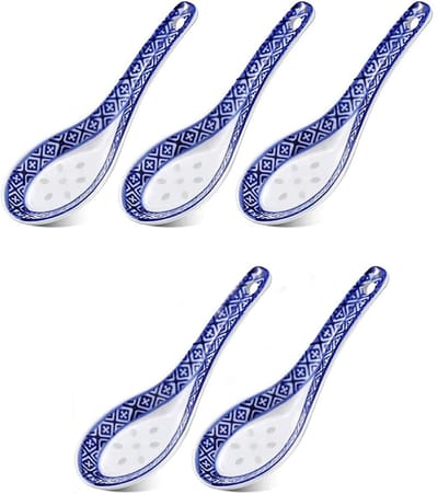 Dailygoods- Porseleinen Lepel Set van 5 - Chinese Soeplepel - Keramische Lepel - Dessertlepel - Voorgerecht Bestek - Blauw/Wit Design