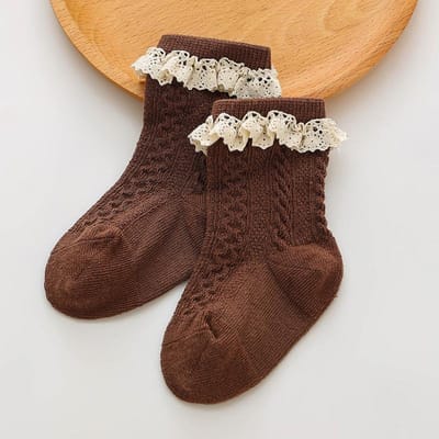 Meisjessokken Koffiekleur Herfst/Winter Kinderen Zachte Katoen Kant Sok Kant Baby Prinsessok Middenkuit Kinderkousen L for 3-5Y beige