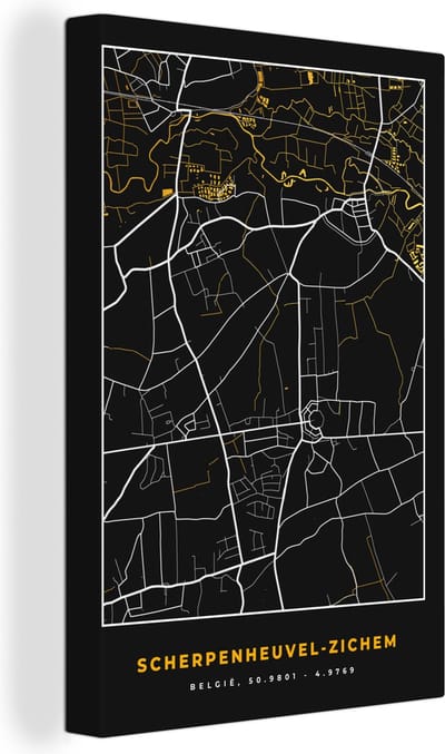 Canvas Schilderij Scherpenheul-Zichem - Goud - Stadskaart - Plattegrond - Kaart - 20x30 cm - Wanddecoratie