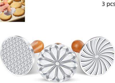 3 stuks - ronde metalen koekjesstempels met houten handvat - ronde koekjespers - voor zelfgemaakte koekjes, taarten en gebak - 3 soorten bloemen - zilver - 8.3×7.7cm