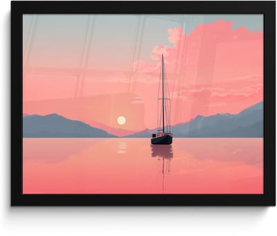 Poster in lijst - Fotolijst 40x30 cm - Posters - Zeilboot - Roze zee - Zonsondergang - Bergen - Posterlijst zwart - Decoratie - Wanddecoratie woonkamer - Muurdecoratie slaapkamer