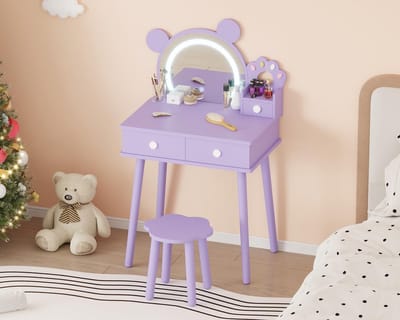 Kinder Kaptafel met Licht – paars Houten Kaptafel met Beren‑Spiegel, Laden & Bloemenkrukje, Prinsessen Make‑up Tafel voor Meisjes