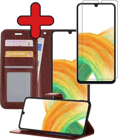 Hoesje - Met Screenprotector - Geschikt voor Samsung Galaxy A33 - Luxe Pasjeshouder - Flipcase - Bookcase Portemonee - Flip Case - Kunstleer Book Case - Book Cover - Walletcase - Portemonneehoes - Telefoonhoes - Bruin