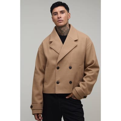 Lange Dubbelrij Geknopte Verkorte Melton Overjas | Camel | Size Large