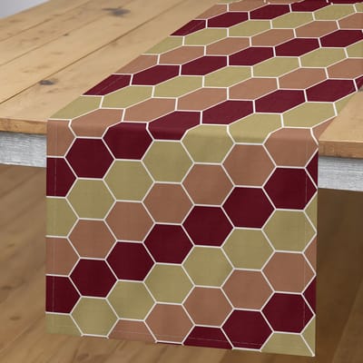 ABAKUHAUS tafelloper – maroon/khaki, 40x180 cm, hexagonontwerp
