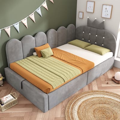 DESMIU Bedbank 90x190 cm – Opbergbed Met Hydraulisch Liftmechanisme – L Vorm Met Kroonhoofdbord – Voor Kinderkamer En Logeerkamer – Fluweel – Grijs – Zonder Matras
