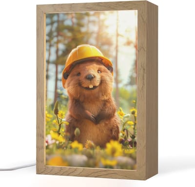 Nachtlampje 20x30 cm - Kinder lampje - Bever - Dier - Bouwhelm - Natuur - Tafellamp kinderkamer - Slaapkamer lamp - Bedlamp kinderen - Kinderlampje stopcontact - Wandlamp babykamer - Nachtlampjes