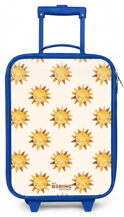 NoBoringSuitcases.com® - Kinderkoffer blauw - Kindertrolley jongen - Lachende zonnetjes als patroon op beige achtergrond - Koffer kind lichtgewicht - Reiskoffer trolley voor kinderen - Koffertje met lichtgevende wieltjes - Rolkoffer