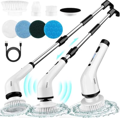 Igoods Poetsmachine - Schrobborstel - Polijstmachine - Polijstset - Schoonmaakborstel Elektrisch - Schrobber - 7 Borstels - 25W - Oplaadbaar - Wit