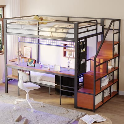 Metalen Hoogslaper - multifunctioneel bed met bureau - LED en stopcontact - open opbergruimte - stoffen lades - zwart - bovenbed 140x200 cm - onderbed 90x200 cm