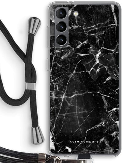 Case Company® - Hoesje met koord geschikt voor Samsung Galaxy S21 hoesje met Koord - Zwart Marmer - Telefoonhoesje met Zwart Koord - Bescherming aan alle Kanten en Over de Schermrand