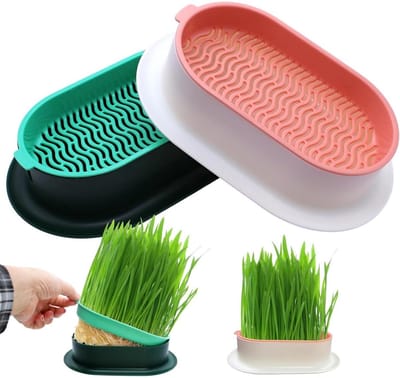 longziming -Kweekbak voor Kattengras – 2-delige Hydrocultuur Zaadkiembak van Kunststof – Geschikt voor Thuis & Kantoor – Voor Tuin en Binnengebruik – Groen & Roze