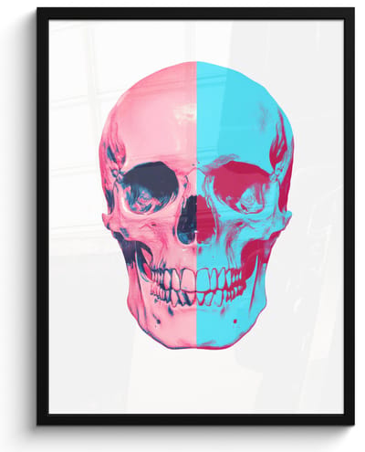 Poster in lijst - Fotolijst 60x80 cm - Posters - Schedel - Grafisch - Roze - Verdeeld - Posterlijst zwart - Decoratie - Wanddecoratie woonkamer - Muurdecoratie slaapkamer