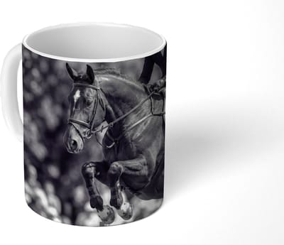 Mok - Koffiemok - Springen - Paard - Zwart - Wit - Mokken - 350 ML - Beker - Koffiemokken - Theemok