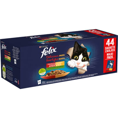 FELIX Tender Tender Delicious Duos in Jelly - Landselectie met Groenten - 44x85 g - Verse zakjes voor volwassen katten
