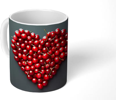 Mok - Koffiemok - Kersen - Hart - Rood - Zwart - Mokken - 350 ML - Beker - Koffiemokken - Theemok