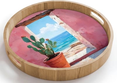 Dienblad rond 40x40 cm - Schootdienblad hout - Zee - Roze - Cactus - Borrelplank rechthoek - Plateau houten dienbladen