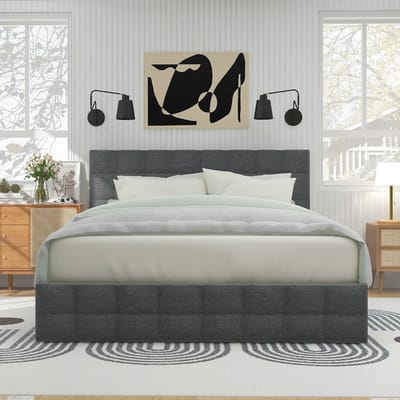 VVBV Gestoffeerd Opbergbed 140x200 cm - Opbergruimte, Bureau, Lattenbodem, Verstelbaar Hoofdbord - Metaal/Linnen Grijs