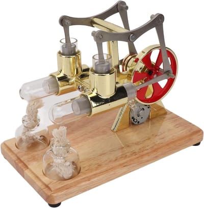 Model van een Stirlingmotor met dubbele cilinder - Speelgoed met gouden spiegelafwerking, keramische wielen en accessoires voor educatieve doeleinden