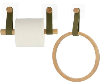 Tendance Badkamer set toiletrolhouder en handdoekhaak - zelfklevend - cognac - bamboe/kunstleer - zonder boren